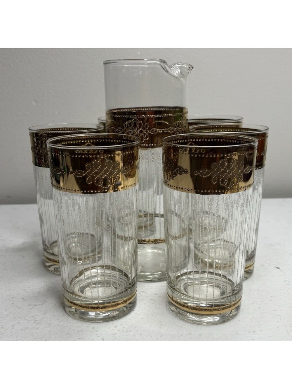 Vintage Highball Etched Vertical Ribbing with Gold Rim & Trim set 6 & Pitcher
